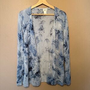 Chico's Blue Abstract Print Open Front Cardigan Sweater Silk Cotton Blend Sz 0